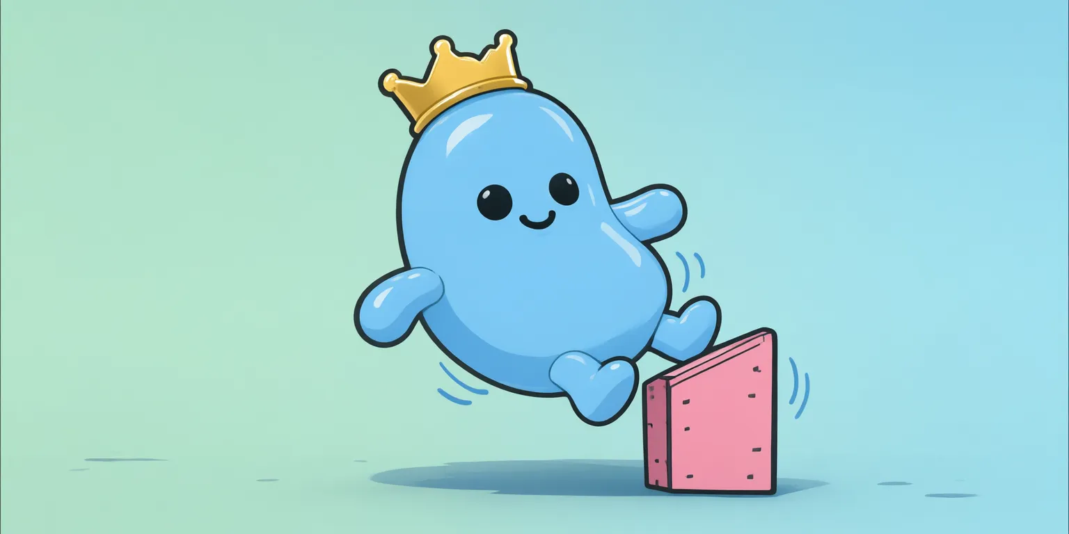 Bean Zero, crowned and sky-blue, bouncing off a pink wall mid-wobble